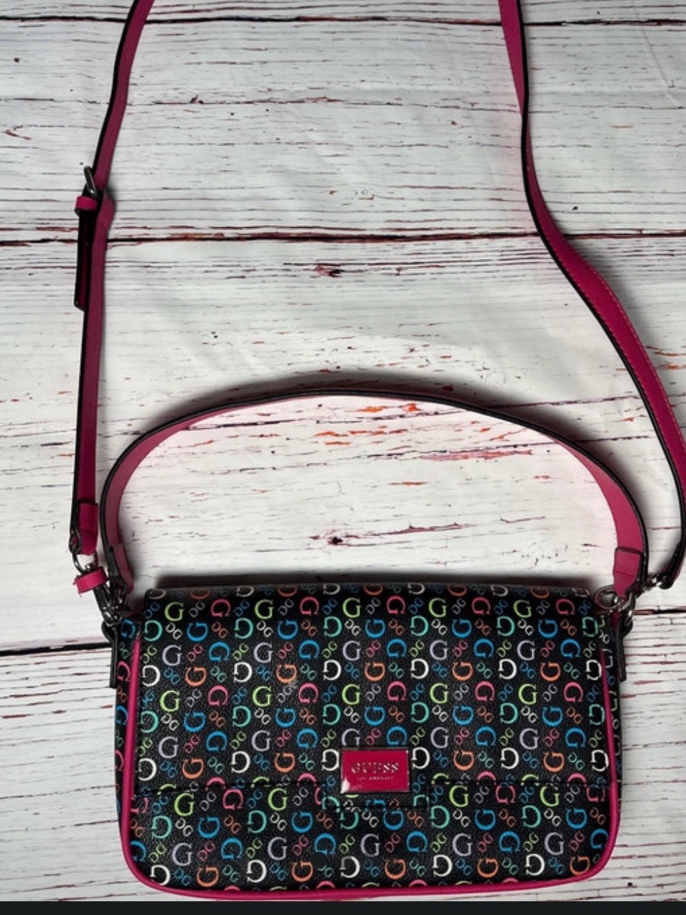 Guess Black Multi-Logo Crossbody Bag with Hot Pink Trim